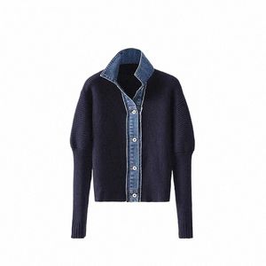 koreansk fi tröja jacka vår hösten denim lapptäcke stickad cardigan vridning krage singel breasted vingtage stickad coat t7nn#