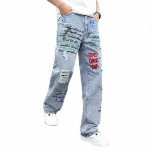herr y2k baggy jeans hiphop rippade byxor harem carto lös graffiti tryck denim casual byxor last jeans för män u638#