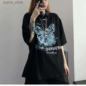 Kvinnors t-shirt hiphop överdimensionerad t-shirt kvinnor streetwear harajuku färg fjäril t-shirt kort ärm polyester lös hiphop t-shirt24329