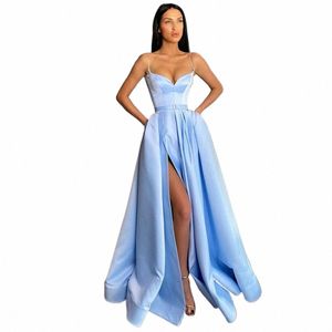 Jeheth Blue Sexy Sweetheart Satin Party Dr Spaghetti Strap High Split A Line Prom Evening Gown LG med Belt Vestidos de Gal N8iq#