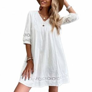 Summer Casual Dr Women spetsstitching V-ringning Lantern Sleeve Cott Linen Short Dr Ladies Fi Half Sleeve Shirt Dr P3MP#