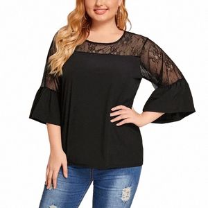 Plus-storlek Elegant Fi-blus 4xl 5xl 6xl Women Lace Patchwork BLASELESEME SOMMER CASUAL TOPS STOR STORLIG T-shirt 7xl 69J9#