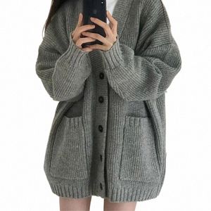 Autumn Grey Women Sticked Cardigan Korean Oversize Pocket V Neck Single Breasted Jumper Casual Loose Preppy All Match Sweater O6S2#