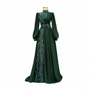 Grüne muslimische Abendkleider Frauen Gürtel LG-Ärmel Formales Ballkleid mit weißer Frs-Spitze A-Linie für Hochzeit Ocns Dr 01BB #