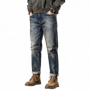 عالية الجودة 99 ٪ COTT Red Seedge Denim Men Jeans Retro للوزن الثقيل ووزع ثقيل بنطلون سراويل مستقيمة مستقيمة M4LD#