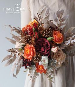 Hochzeitsblumen HIMSTORY Vintage künstliche Eiscreme-Orange-Farbsträuße handgemachte Seidenrosen-Handhaltestrauß3570033