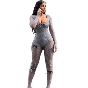 2024 Tasarımcı Seksi Dantelli Tulumlar Kadınlar Bahar Uzun Kollu Sheer Sheer Rompers Mesh Bodycon Tozluk Night Club Gear Boolk Wholesale Giyim 10866