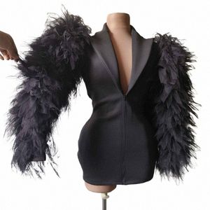 Black Fur Rleeves Prom Mini Dres Women Party Festival Festival Birthday Celebrate Dr Stage Show Gogo Dance Costume XS7081 98GZ#