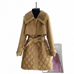imitati Mink Fleece Spliced Women's Cott Coat New Winter Female Clothing Waist Lace Up Lady High Street Style Lg Coat Q04C#