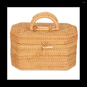 Sacos de armazenamento Caixa de rattan tecida à mão com alça Recipiente de comida de chá Piquenique Pão Cesta de frutas Ornamento Organizador de cozinha