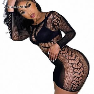 Anjamanor Sexy Black Mesh Bodyc Dres Seel Seel Club Outfits for Women Hollow Out Lg Sleeve Mini Bodyc Dr D85-AC10 C3T9＃