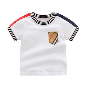 Designer Little Kids Plaid Pocket T-shirts Toddler Boys Stripe Round Collar Kort ärm TEES Summer Barn Bomullsvaror Z7394