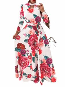 Plus Size Spring Summer Sexy Sweatshirt Dr, Women's Floral Print LG Sleeve Keyhole Mock Neck Pleated Maxi Dr With Belt O9BP#