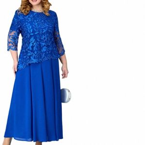 plus Size Lg Dr Elegant Lace Maxi Dr with Fr Embroidery Three Quarter Sleeves O Neck Plus Size Women's Two-piece O2B4#