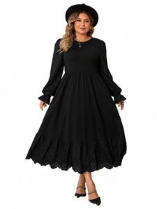 Svart elegant kvinnors Dres Casual Hollow Puff LG Sleeve Plus Size Maxi Dr Lady Party Evening Clothing Stor storlek Dr 684T#