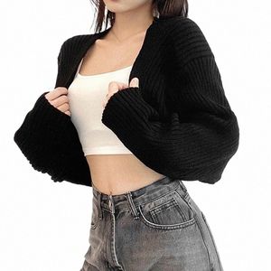 Mulheres Cardigans Curtos Outono Ultra-curto Camisola Casaco Lg Manga Solta Malha Crop Top Cor Sólida Sexy Cardigan Blusas Top r7Ks #