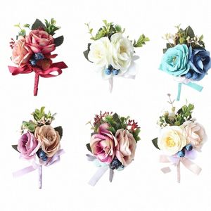 Meldel Corsage Sposo Boutniere Pin Corsetti da polso da sposa Blu Burdy Damigella d'onore Rose Fr Bracciale Forniture di nozze 96dz #