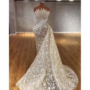 Gorgeous Pearls Mermaid Wedding Dresses Bride Gowns With Detachable Train African Nigerian Strapless Lace Beaded Applique Vestido De Custom Made