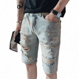 pantaloncini di jeans strappati sottili estivi azzurri da uomo alla moda pantaloni corti allentati all-match d5n0 #