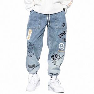 Spring Autumn Letter Print Jeans Loose Carto Graffiti Drawstring Trousers Hip Hop Trend Casual Streetwear Jogging Pants F8U0#