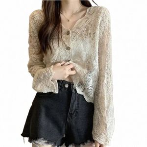 Hollow Mesh Cardigan Knitwear V-Neck Solid Lace LG-Sleeved OpenWork Butt Bell Sleeve Top Cover-ups Blue Women Cardigan N2WW#