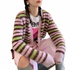 Mohair Striped Cardigan Fuzzy Border Cardigan Lg Sleeve Buttダウンニットセータージャケットの女性秋冬の衣装X1AR＃