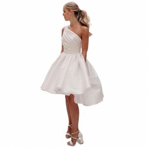 Elegant Short Wedding Dres 2024 One Shoulder Open Back Pleat Satin Spaghetti Straps Brudklänning ovanför Knee Vestidos de Noiva 39BG#