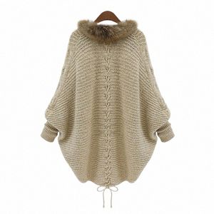 new Autumn Knitted Sweater Batwing Sleeve Knit Cardigan Short Coat Women Winter Jacket Faux Racco Fur Collar Liner Parka W3SW#