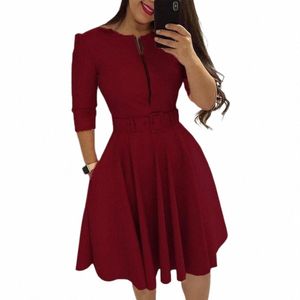 women Spring Dr Three Quarter Sleeves with Belt Tight Waist A-line Dr-up Knee Length Zipper Fall Dr Female Clothes p7VT#