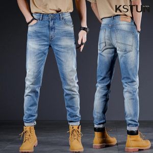 Мужские джинсы, светло-голубые мужские эластичные джинсовые брюки высокого качества, тонкие прямые брюки, небесная одежда, уличная повседневная одежда
