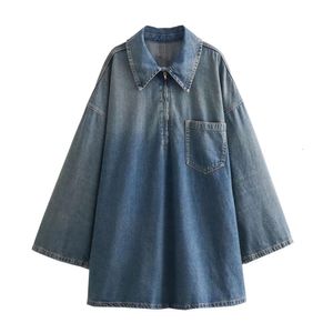 2024 Spring/summer New Womens Wear Simple and Fashionable Versatile Flip Collar Loose Denim DressICS7