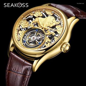 Wristwatches Chinese 12 Zodiac Cow Men's Skeleton Tourbillon Watch Hand Wind Movement Men Mechanical Watches Sapphire Waterproof Clocks