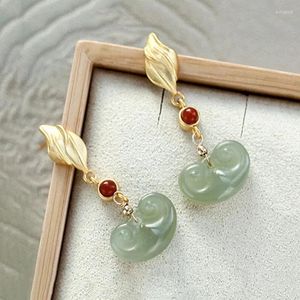 Dangle Earrings Natural Hetian Jade Small Yuanbao For Women Chinese Style Retro Exquisite Unique Antique Gold Craft Ladies Jewelry