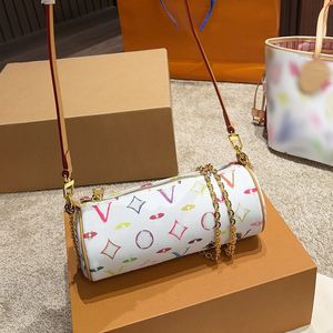 Womens Luxury Designer Colorful Old Flower Bucket Vanity Bags Gold Metal Chain Adjustable Leather Strap Crossbody Shoulder Handbags Cosmetic Case Makeup 22X19CM