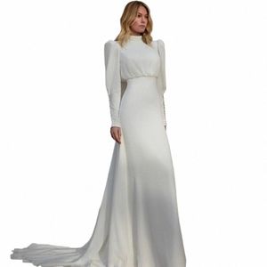 moderno collo alto bianco Chiff Wedding Dr per le donne Lg manica lanterna pieghe elegante fodero abito da sposa Butt Sweep Train Q02c #