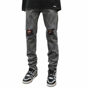 Jeans skinny uomo strappato pantaloni slim fit denim grigio stretch patchwork distred hip hop streetwear abbigliamento moto jeans uomo X4sb #