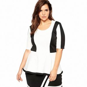 plus Size Summer Elegant Peplum Top Women Half Sleeve Black And White Ruffle Hem Blouse Female Large Size Office T-shirt 6XL 7XL H3aX#