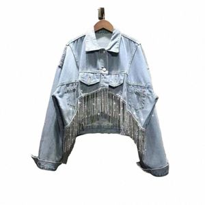 irregular Rhineste Tassel Denim Jacket Fi Short Frt Back Lg Loose Lg-sleeved Top New Casual Blue Jean Jacket Woman C1HE#