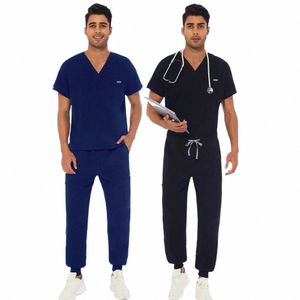 Homens bolso uniforme de enfermagem enfermeira manga curta com decote em v esfrega topos médico roupas de trabalho médico esfrega calças uniformes blusa conjuntos n1JA #