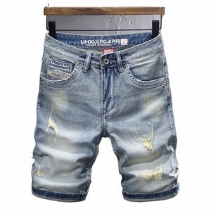 summer Fi Designer Short Jeans Men Retro Wed Blue Stretch Slim Fit Ripped Jeans Vintage Casual Denim Shorts Hombre R6HA#