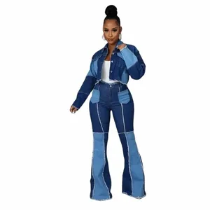 HARAJUKU denim 2 -stycken Set Women's LG Pants Vintage Patchwork Fleared Pants Short Top Jacket Coat Women's Casual Street Set B35U#