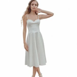 semplice linea A breve matrimonio Dr Sweetheart spaghetti con perla abito da sposa aperto sul retro con lacci in chiffon lunghezza al ginocchio su misura G7RO #