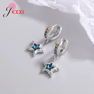 Brincos pendurados 925 prata esterlina joias brilhantes zircônia cúbica strass azul estrela elegante moda feminina meninas acessório de festa