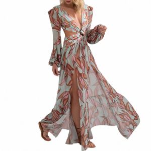 Kvinnors DR -tryckt tunika datering Sexig LG Sleeve Maxi Kvinnlig elegant formell Dres Holiday Party Evening Vestidos C1GI#