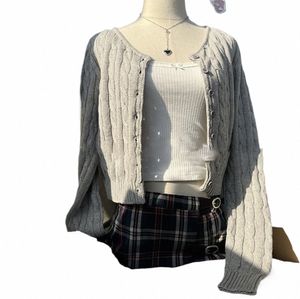 Yaphleet Y2K Mädchen Vintage Twist Kurze Strickjacke Pullover 2024 Fi Damen Süße Weiche Cott Strickwaren für Frauen Elegantes Outfit V96t #
