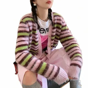 Mohair Striped Cardigan Fuzzy Border Cardigan Lg Sleeve Buttダウンニットセータージャケットの女性秋冬の衣装T05f＃