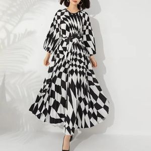 Miyake Pleated Maxi Long Dress Fashion Printed Sleeved ONeck Pullover Waist Retraction Dresses for Women 2024 Outfit 240318