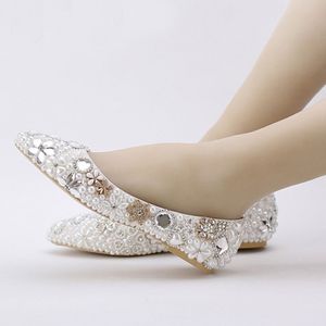 Beautiful Flat Heel White Pearl Wedding Shoes Comfortable Crystal Bridal Flats Customized Mother of Bride Shoes Plus Size 42 43272g