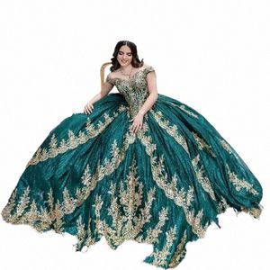 Verde smeraldo Quinceanera Dres Sweet 15 Dr Off spalla Oro Applique in rilievo Abiti da 16 Prom Gown Ball Gown Party Wear h9gF #