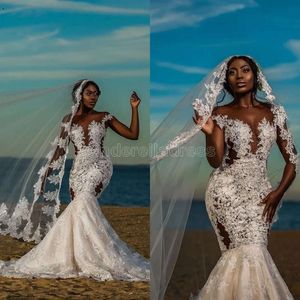 Vintage African Cap Sleeves Mermaid Dresses Sheer Crew Neck Applique Lace Backless Bridal Gowns Plus Size Wedding Dress